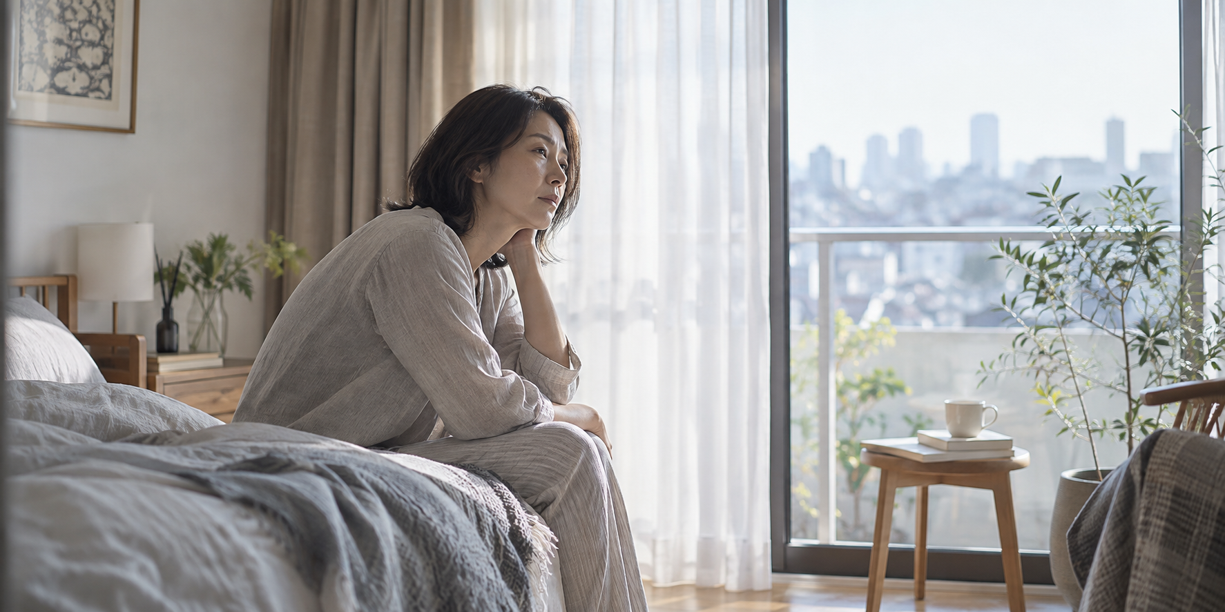朝、窓辺で身体の重さを感じる女性