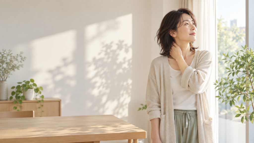 朝の窓辺で首元に手を添える女性